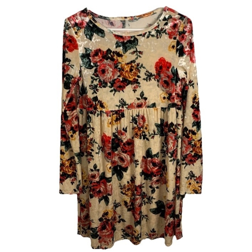 Cream Floral Velvet Babydoll Dress XS Whimsigoth Fairygoth Cottagecore‎ Fall